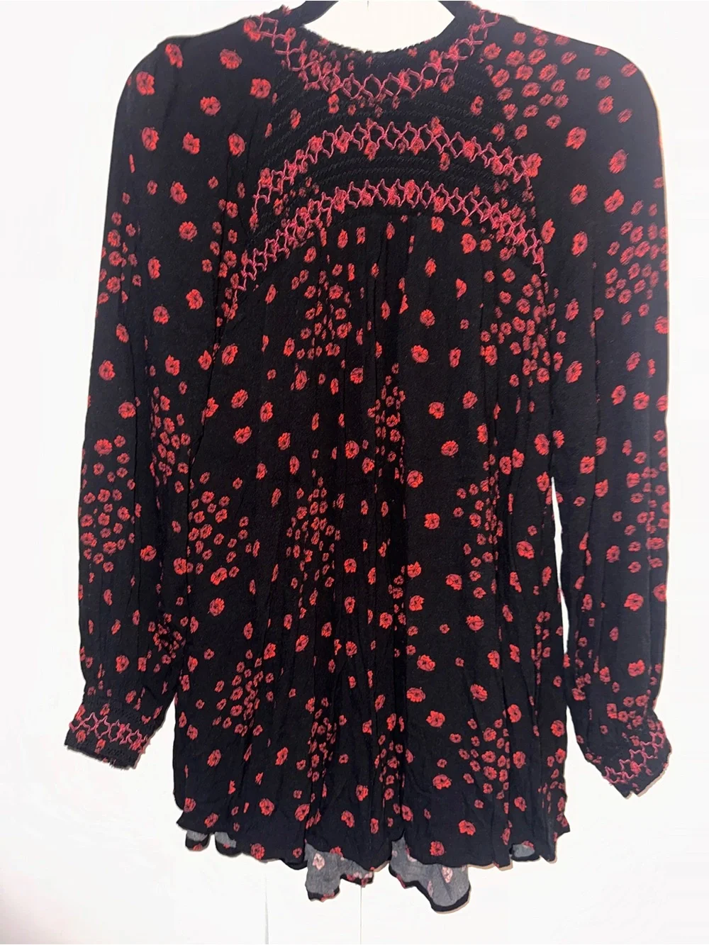 Free People Size Small Black Blouse with Red Floral Smocking